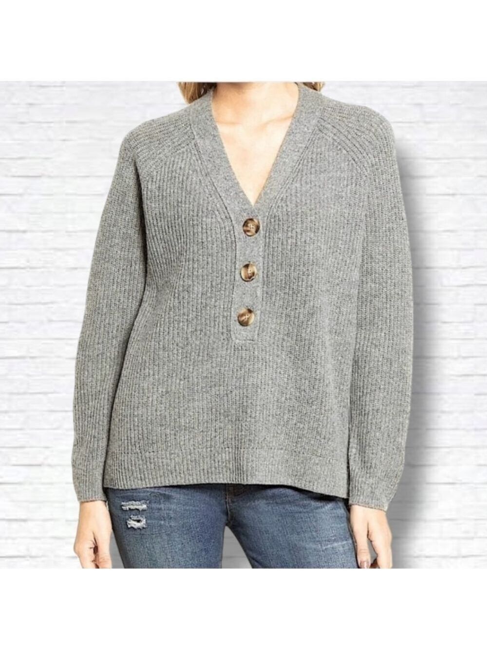 Madewell "Lyle" Grey Ribbed Henley Wool Blend Knit Boxy Fit Sweater Size S